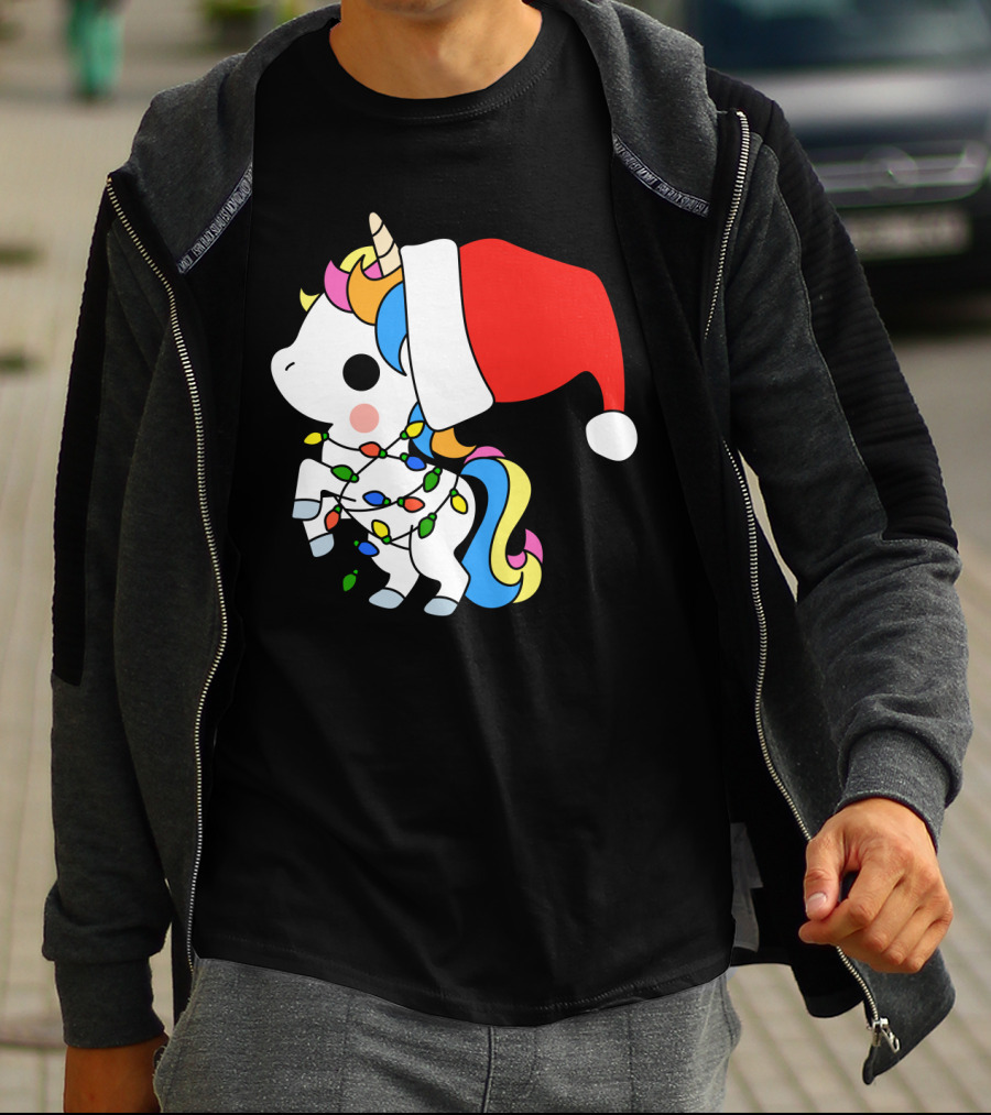 Unicorn Santa Christmas Lights Festive Fantasy T-Shirt