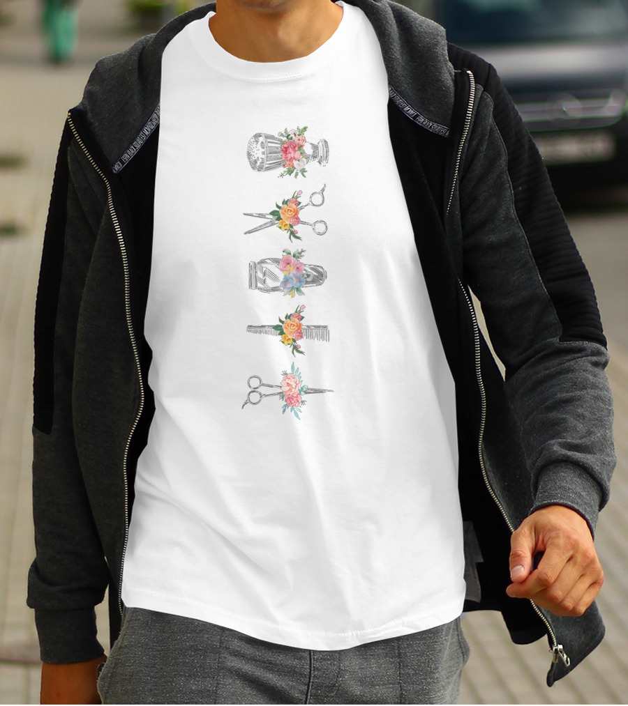 Hairstylist Floral Barber Tools Scissors Comb Vintage Roses Peonies Blossoms Hairdressing Accessories T-Shirt