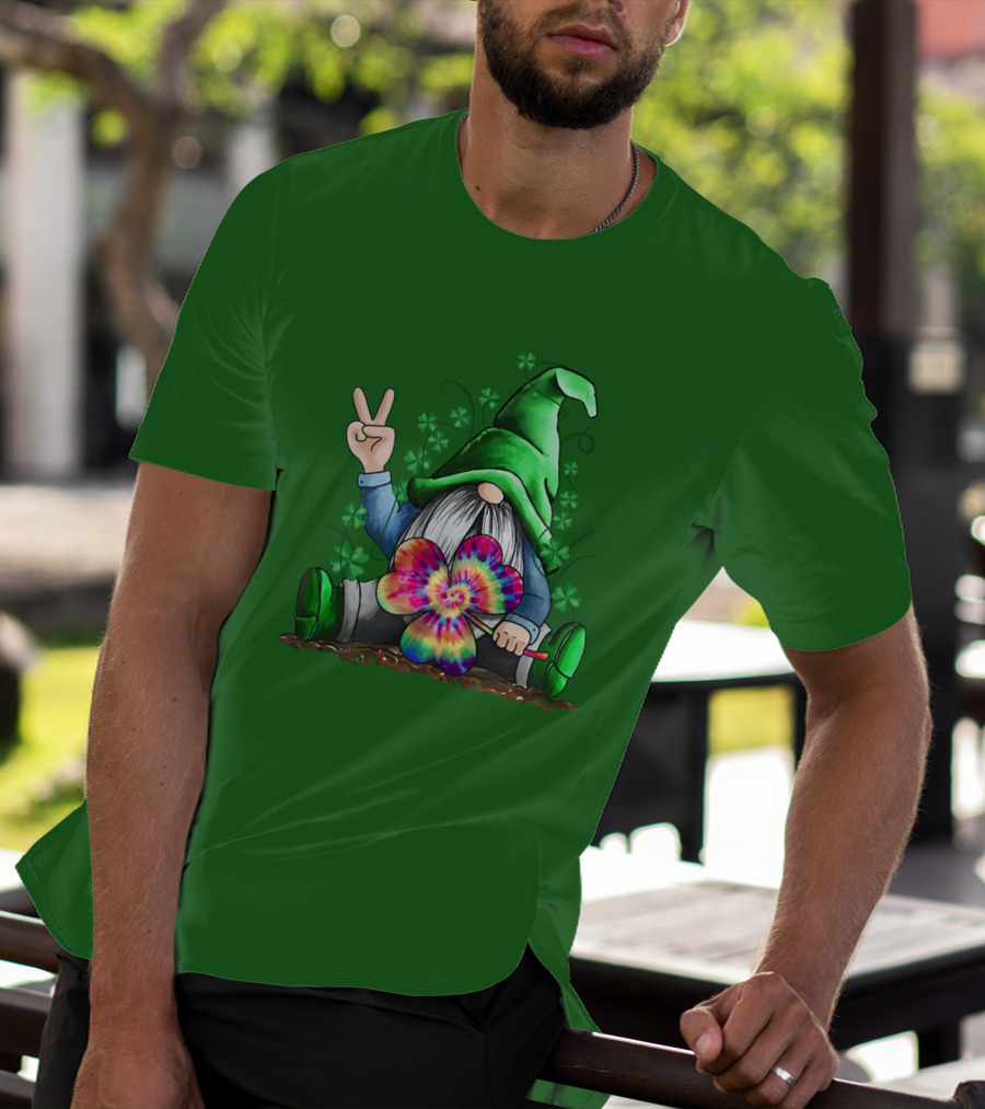 Hippie Gnome Irish With Tie-Dye Shamrock And Peace Sign T-Shirt