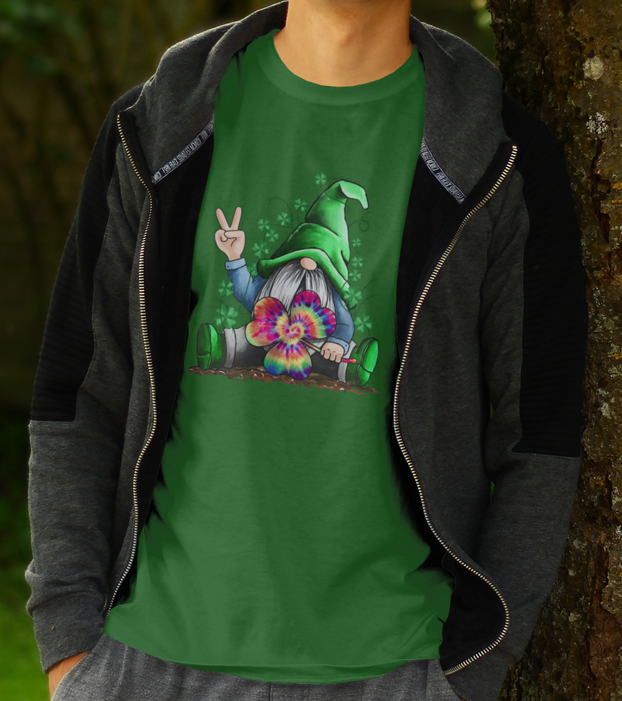 Hippie Gnome Irish With Tie-Dye Shamrock And Peace Sign T-Shirt