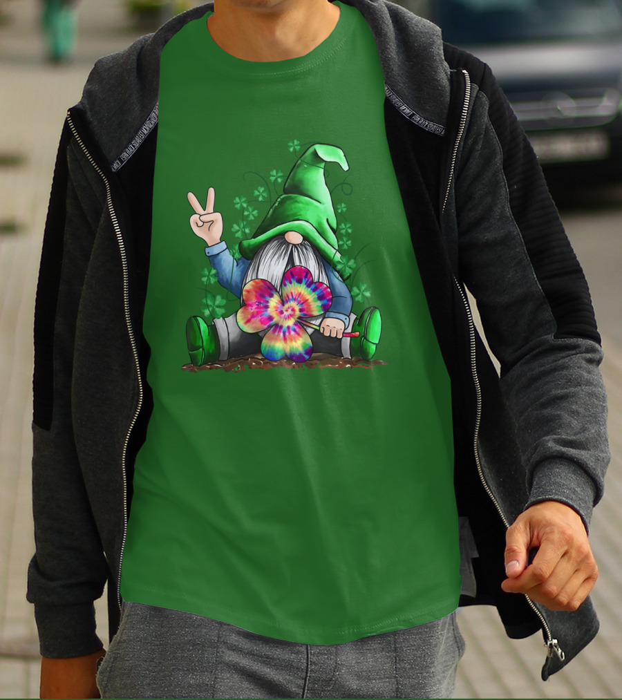 Hippie Gnome Irish With Tie-Dye Shamrock And Peace Sign T-Shirt