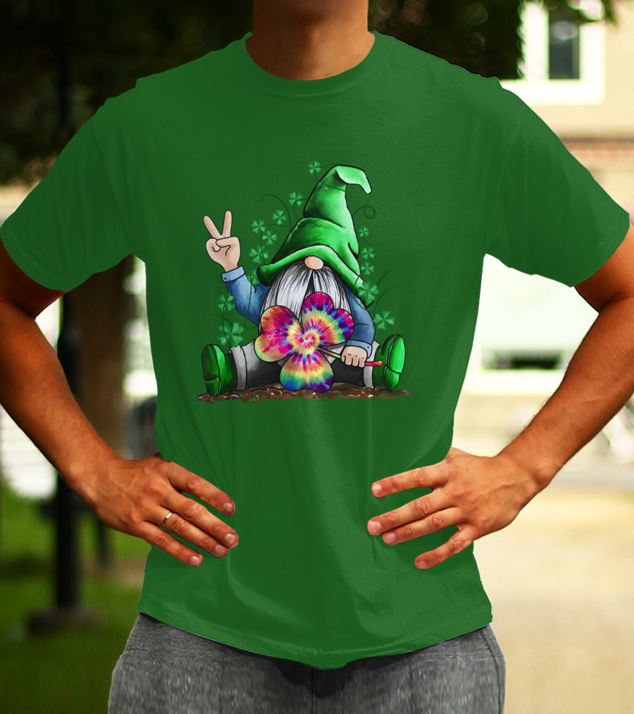 Hippie Gnome Irish With Tie-Dye Shamrock And Peace Sign T-Shirt