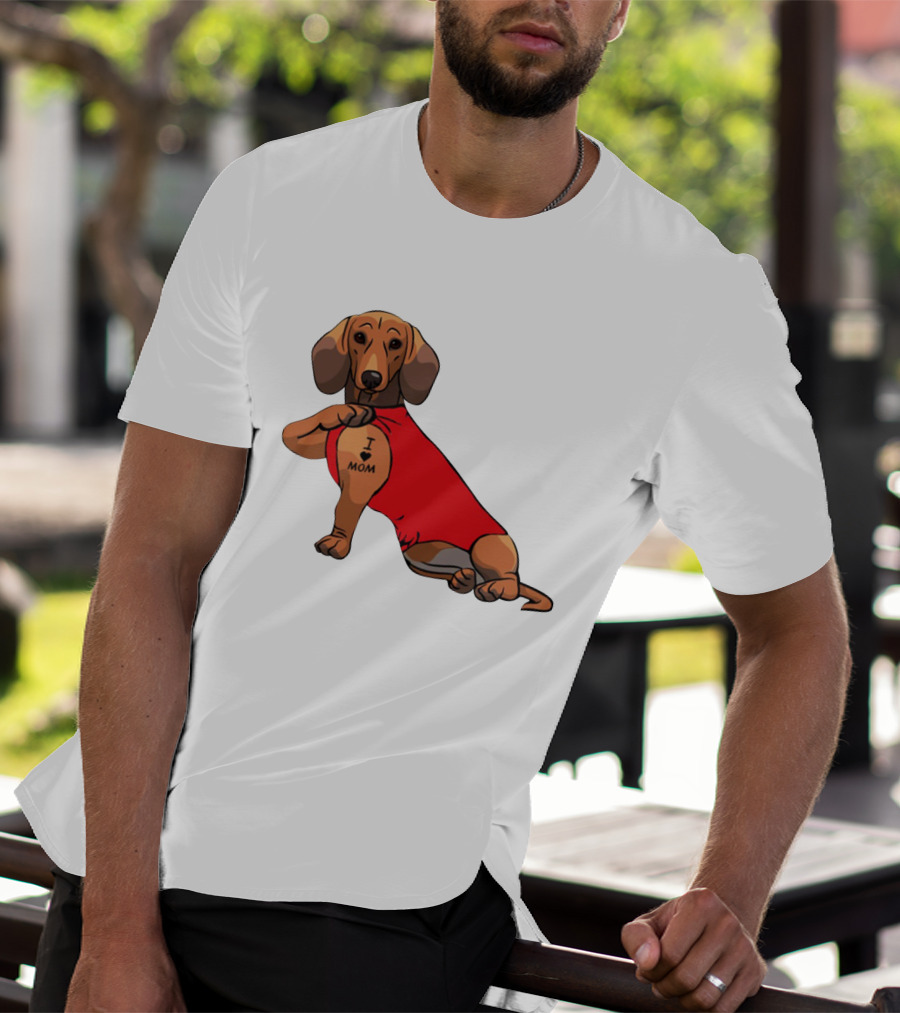 I Love Mom Dachshund Tattoo Puppy In Red T-Shirt