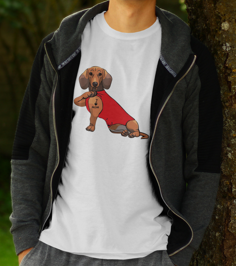 I Love Mom Dachshund Tattoo Puppy In Red T-Shirt