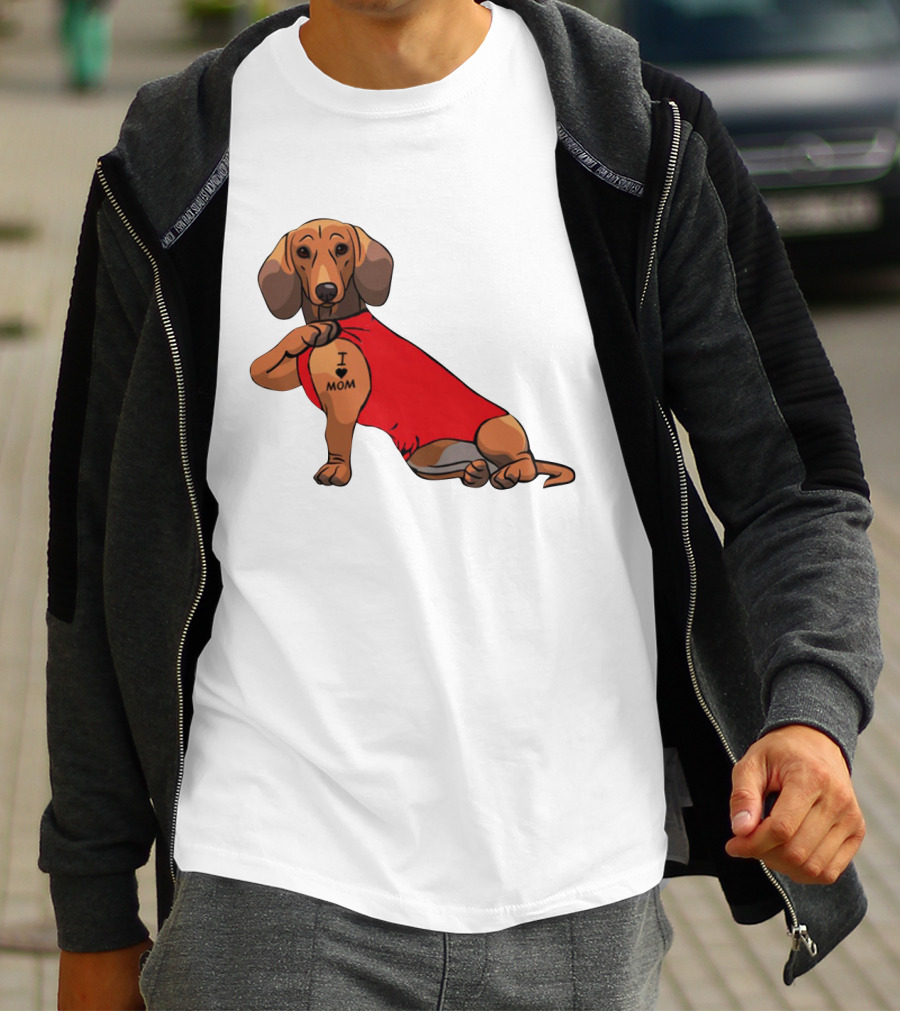 I Love Mom Dachshund Tattoo Puppy In Red T-Shirt