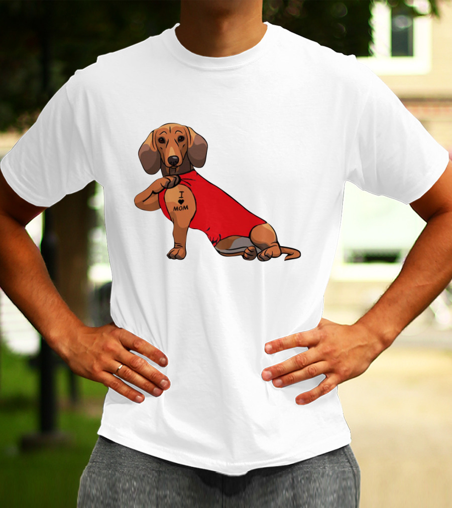 I Love Mom Dachshund Tattoo Puppy In Red T-Shirt