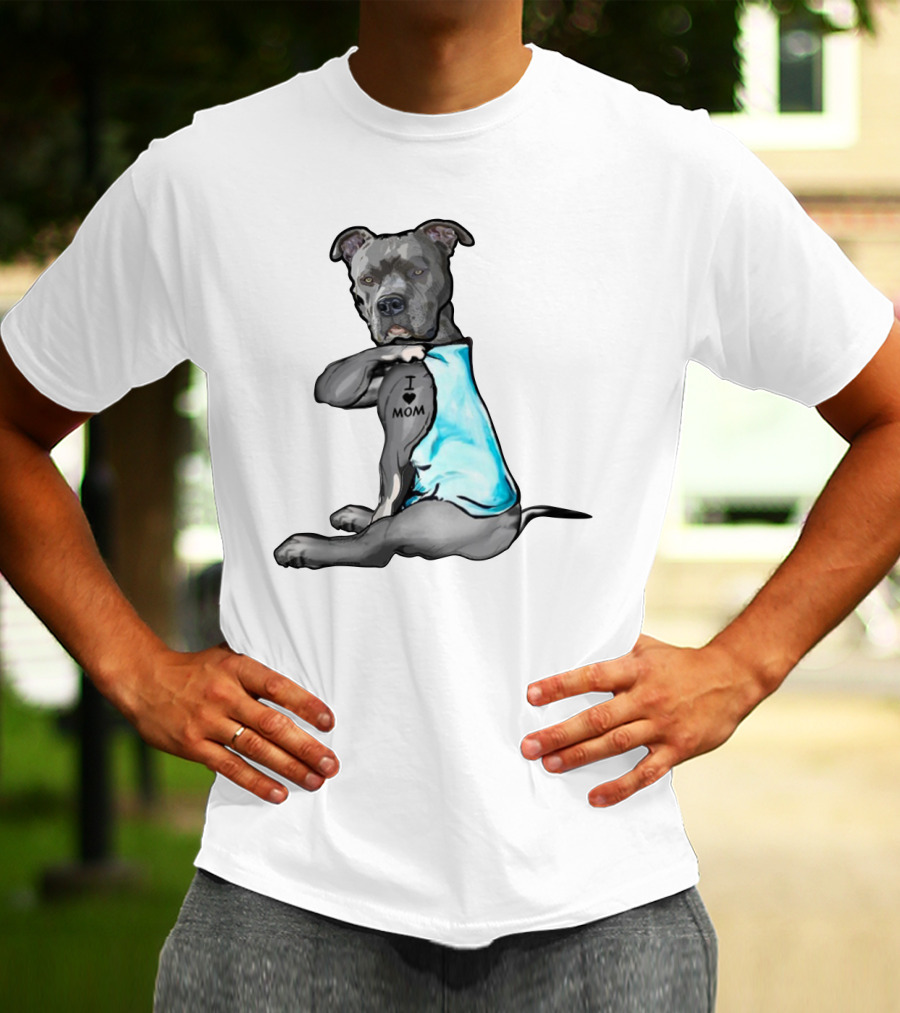 Pitbull I Love Mom Tattoo Blue T-Shirt
