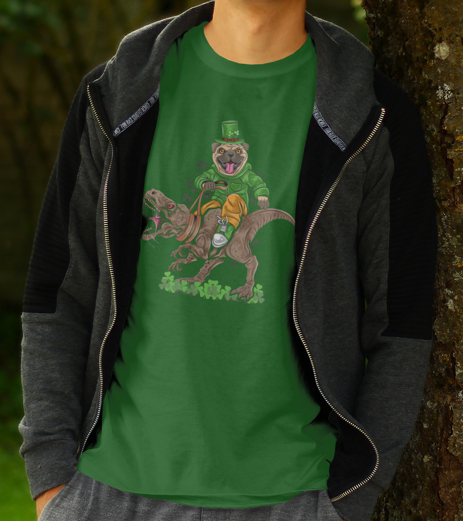 St Patricks Day Pug Puppy Riding Dinosaur Rex With Shamrocks And Leprechaun Hat T-Shirt