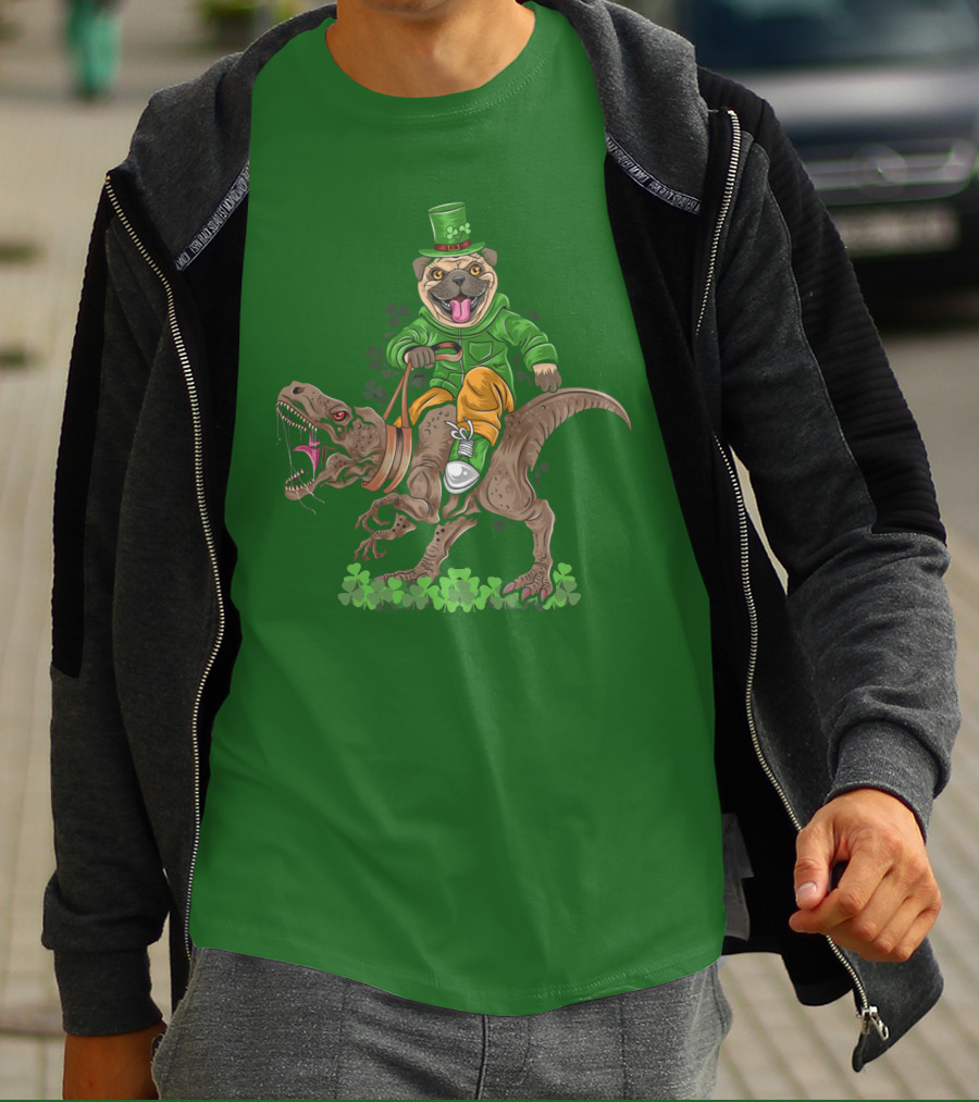 St Patricks Day Pug Puppy Riding Dinosaur Rex With Shamrocks And Leprechaun Hat T-Shirt