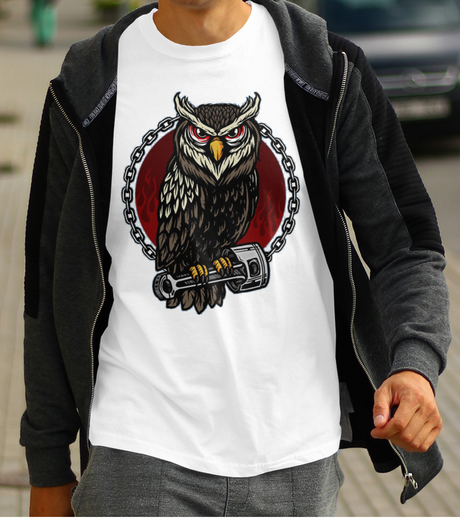 Owl And Piston Motorbike Enthusiast Chain Flame Background T-Shirt