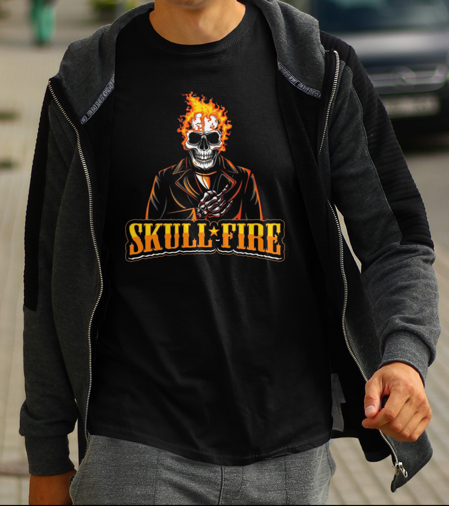 Skull Fire Flaming Skeleton In Dark Suit T-Shirt