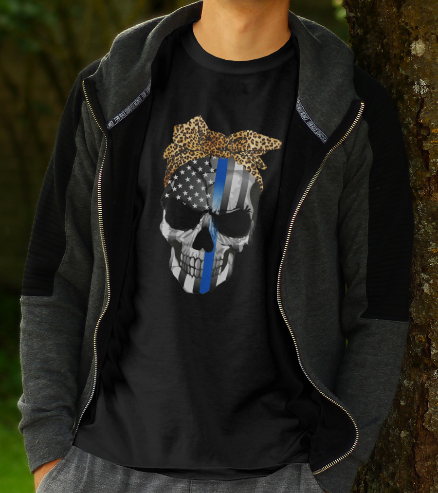 Thin Blue Line American Flag Skull With Leopard Bow T-Shirt