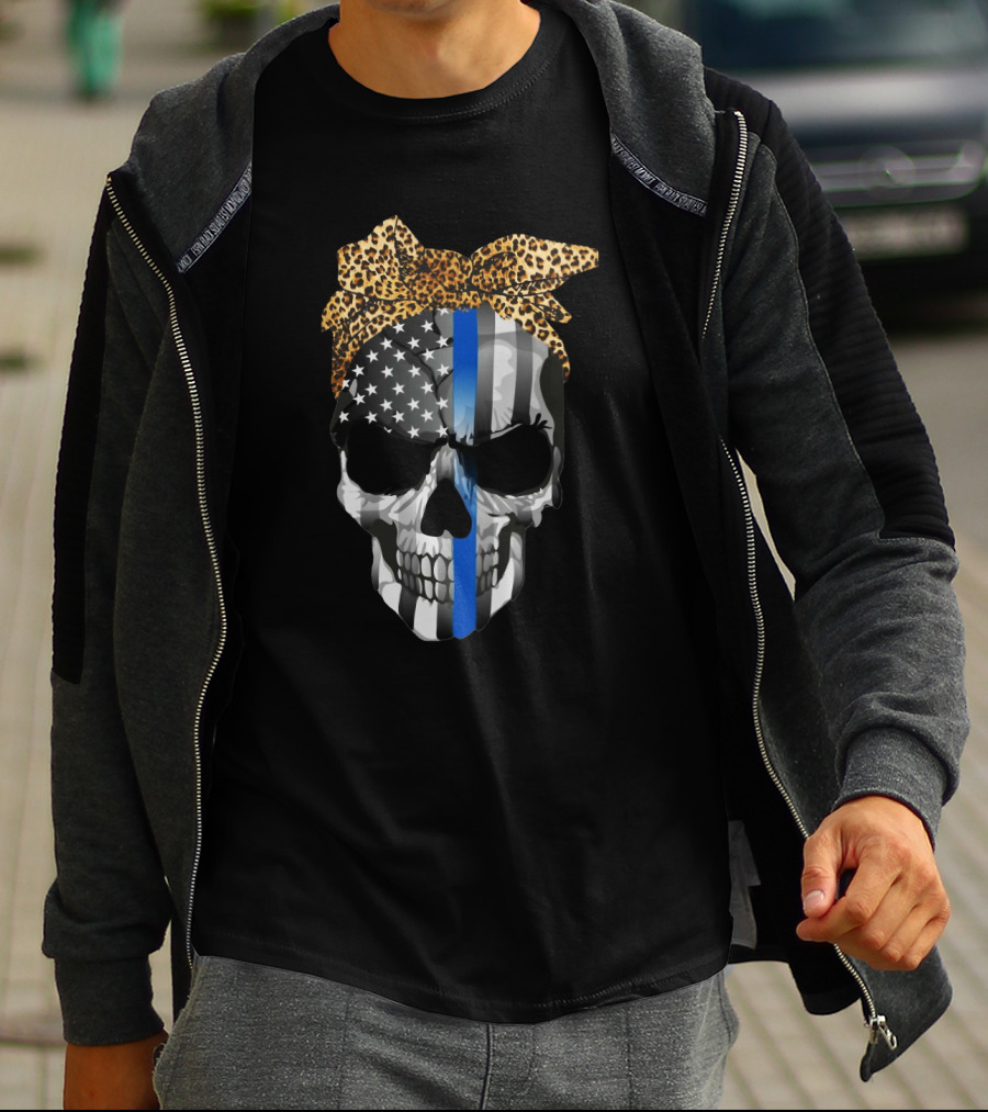 Thin Blue Line American Flag Skull With Leopard Bow T-Shirt