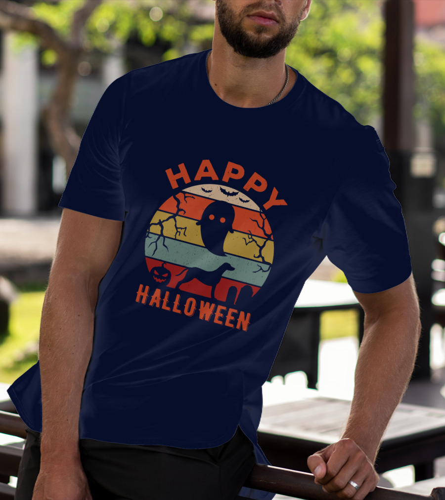 Happy Halloween Dalmatian Dog Ghost Pumpkin Retro Stripes T-Shirt