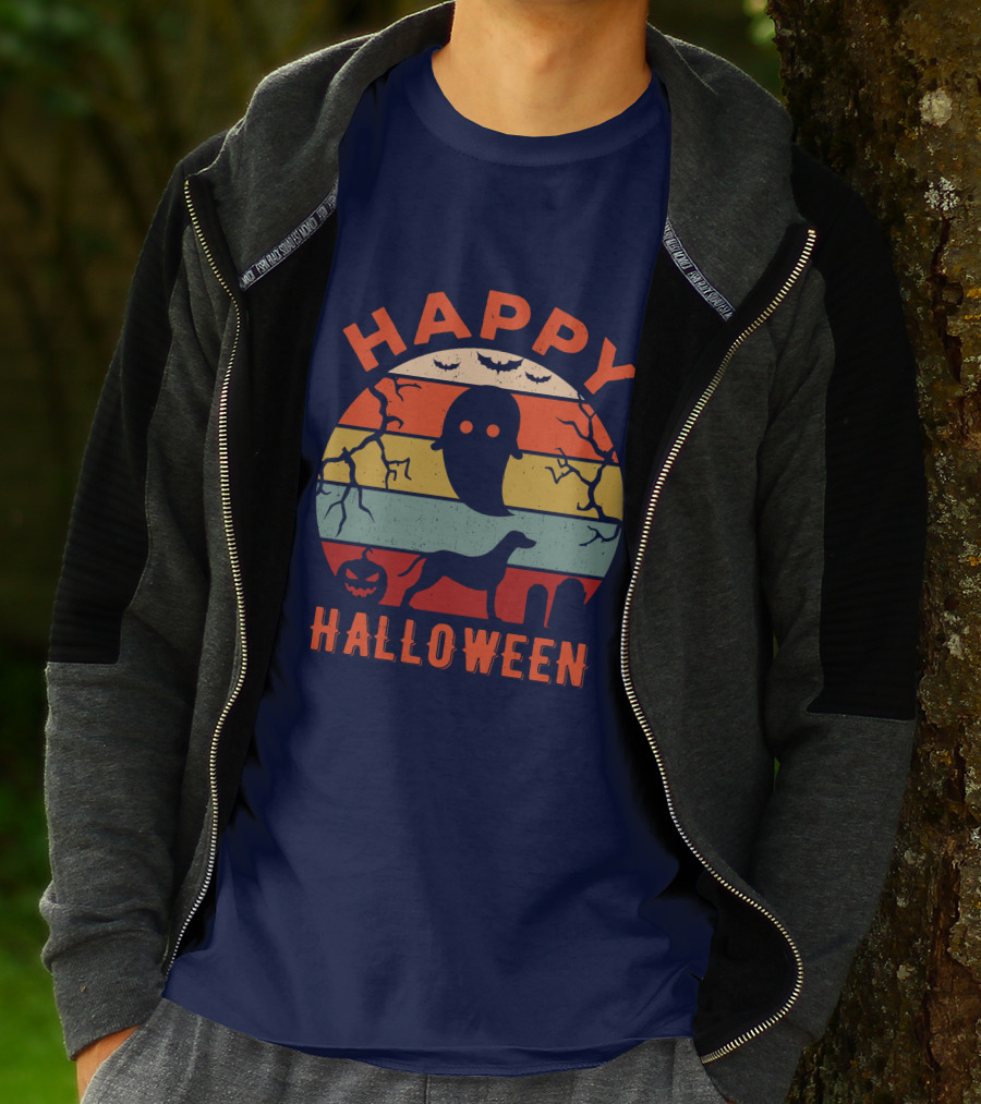 Happy Halloween Dalmatian Dog Ghost Pumpkin Retro Stripes T-Shirt