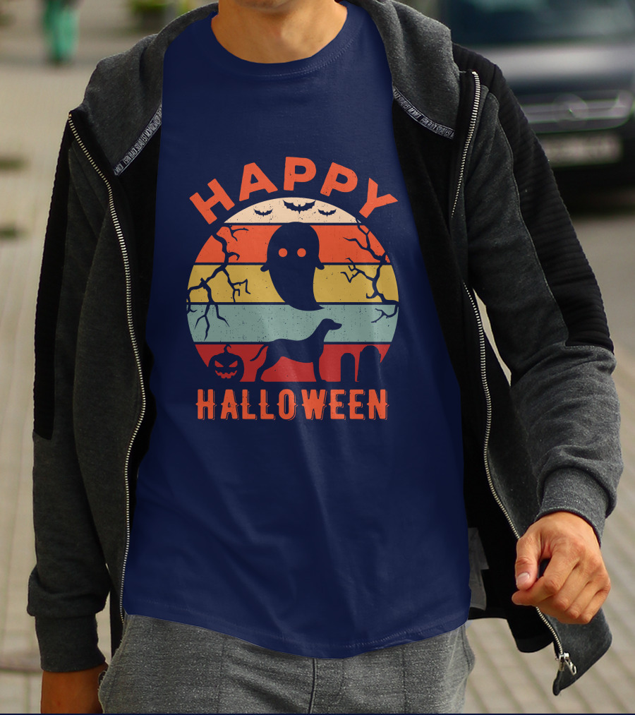 Happy Halloween Dalmatian Dog Ghost Pumpkin Retro Stripes T-Shirt