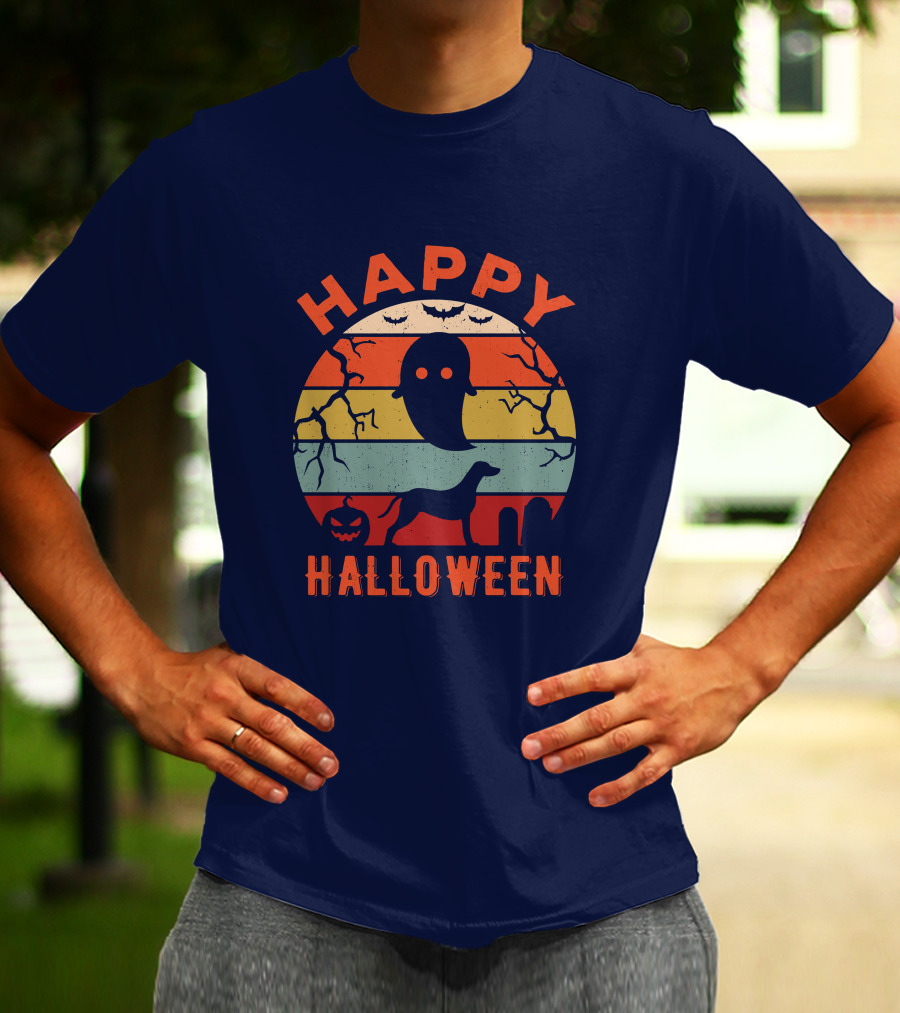 Happy Halloween Dalmatian Dog Ghost Pumpkin Retro Stripes T-Shirt
