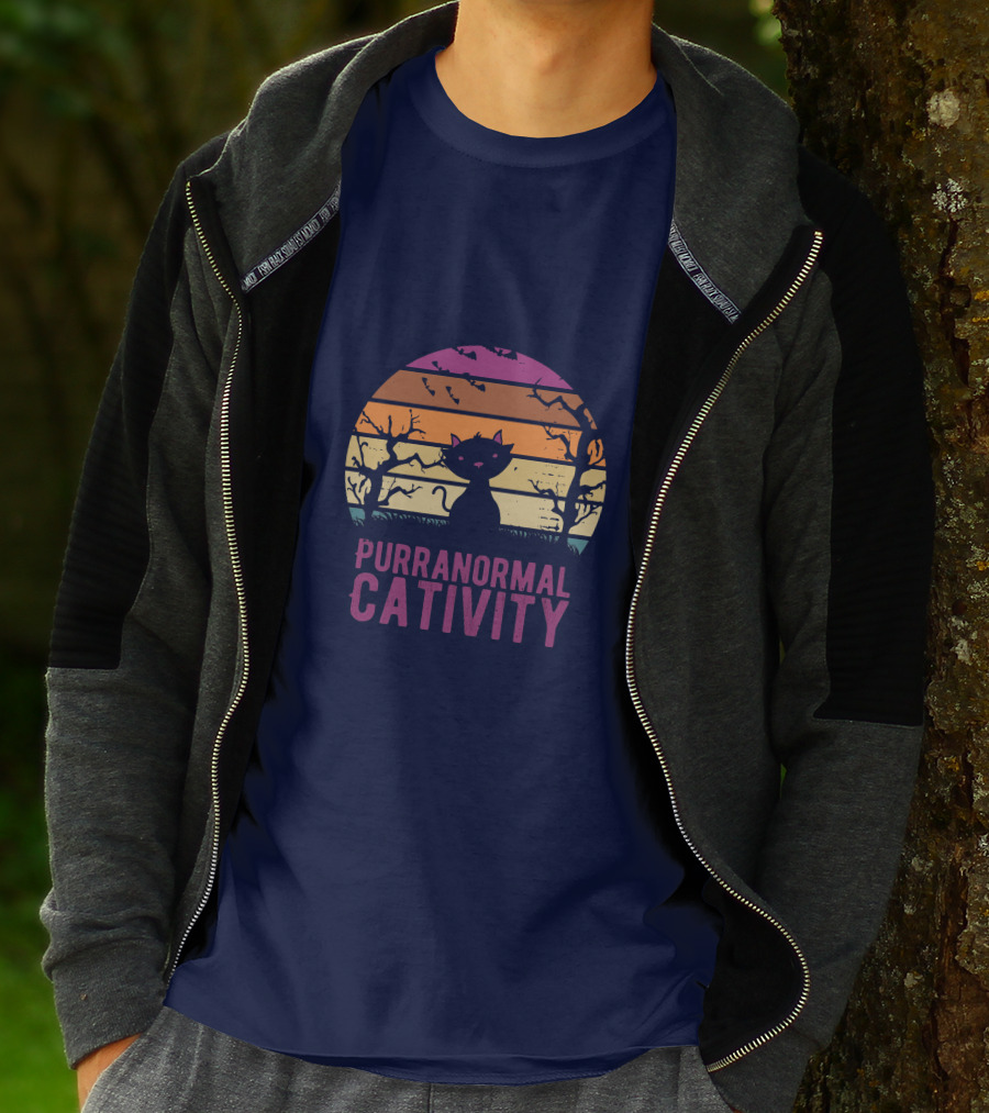Purranormal Cativity Spooky Cat Silhouette With Bats And Trees T-Shirt