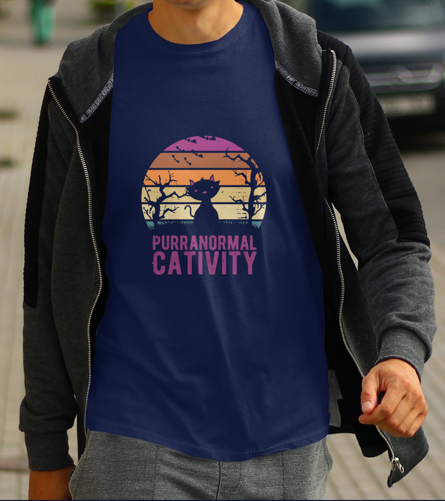 Purranormal Cativity Spooky Cat Silhouette With Bats And Trees T-Shirt