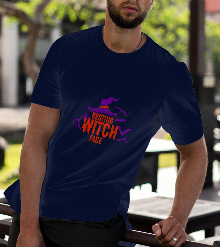 Resting Witch Face Witch Hat Bats Halloween T-Shirt