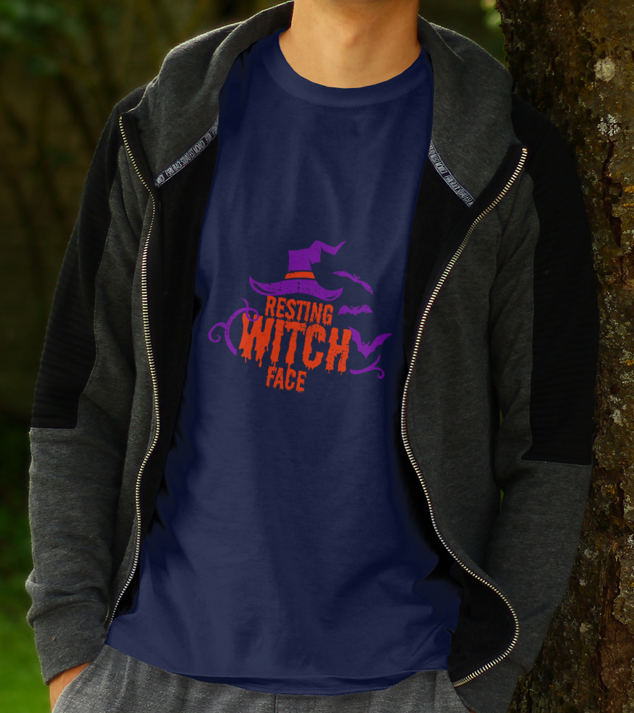Resting Witch Face Witch Hat Bats Halloween T-Shirt