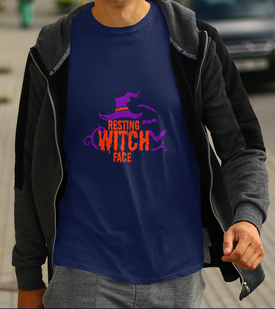 Resting Witch Face Witch Hat Bats Halloween T-Shirt