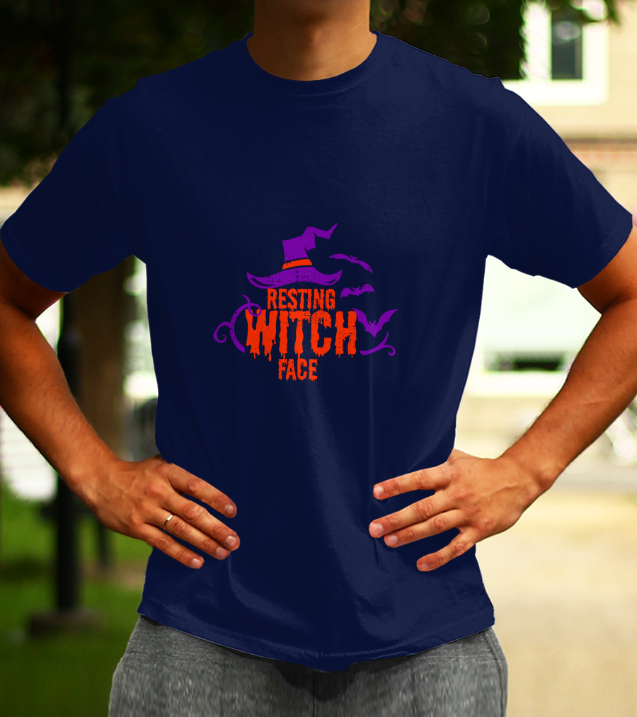 Resting Witch Face Witch Hat Bats Halloween T-Shirt