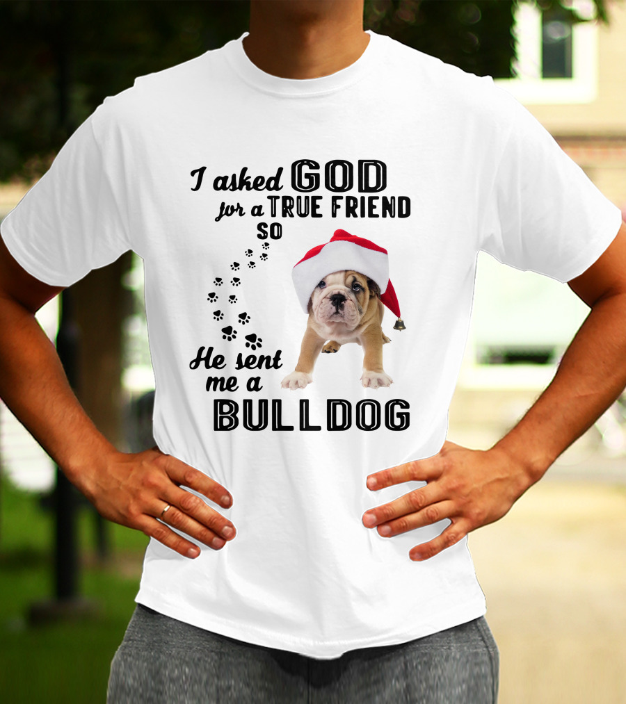 I Asked God For A True Friend So He Sent Me A Christmas Bulldog T-Shirt