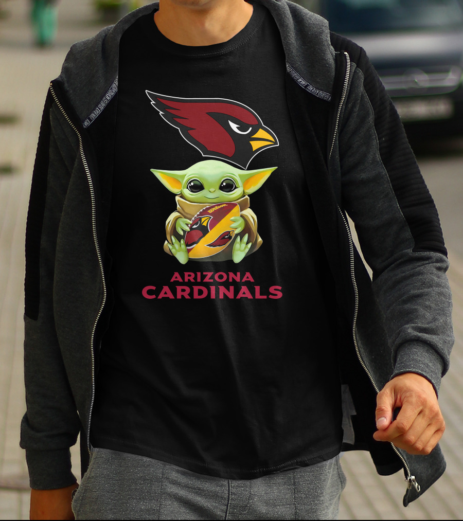 Baby Yoda Hugging Arizona Cardinals Logo Football With Team Emblem T-Shirt
