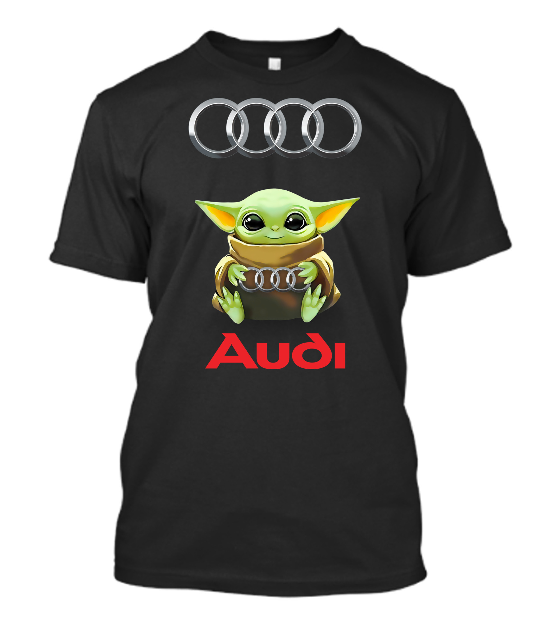 Baby Yoda Holding Audi Logo Under Audi Rings T-Shirt