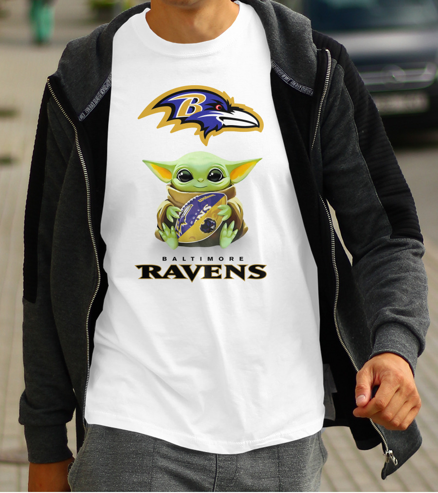Baby Yoda Hug Baltimore Ravens Football Tailgate T-Shirt