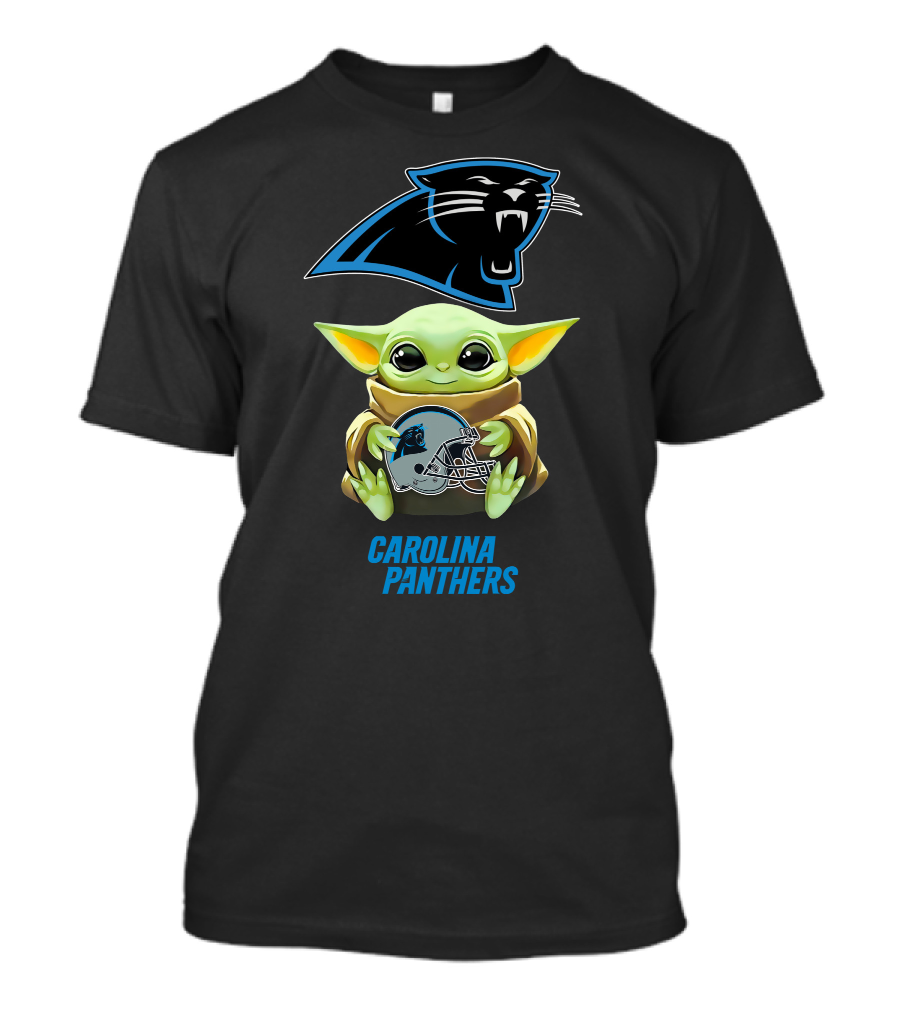 Baby Yoda Holding Carolina Panthers Helmet T-Shirt