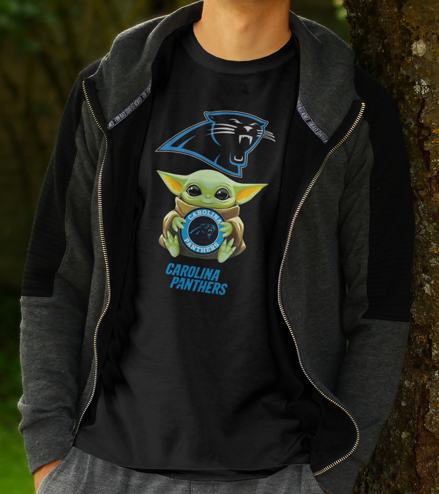 Baby Yoda Holding Carolina Panthers Emblem T-Shirt