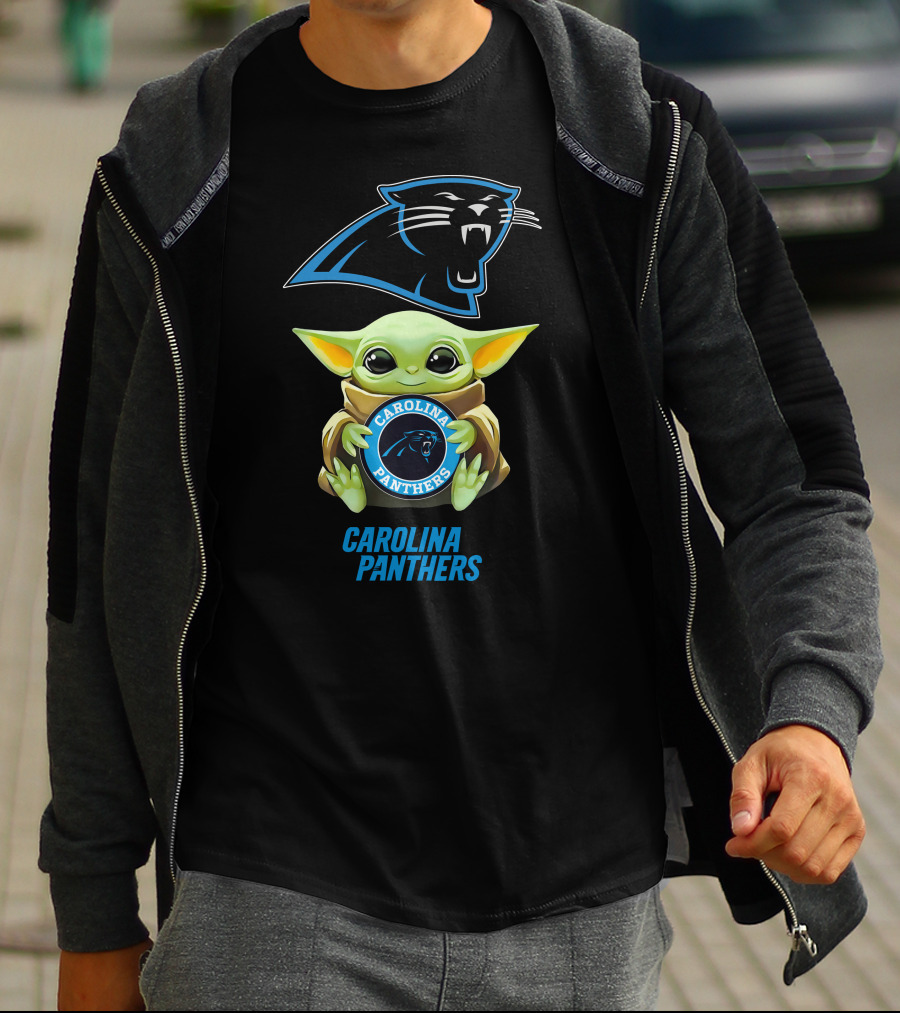 Baby Yoda Holding Carolina Panthers Emblem T-Shirt
