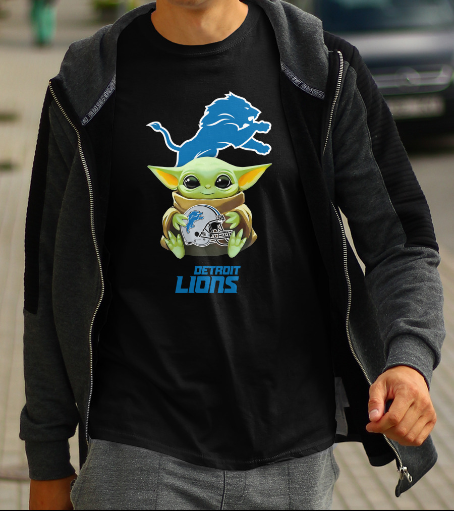 Baby Yoda Holding Detroit Lions Helmet T-Shirt