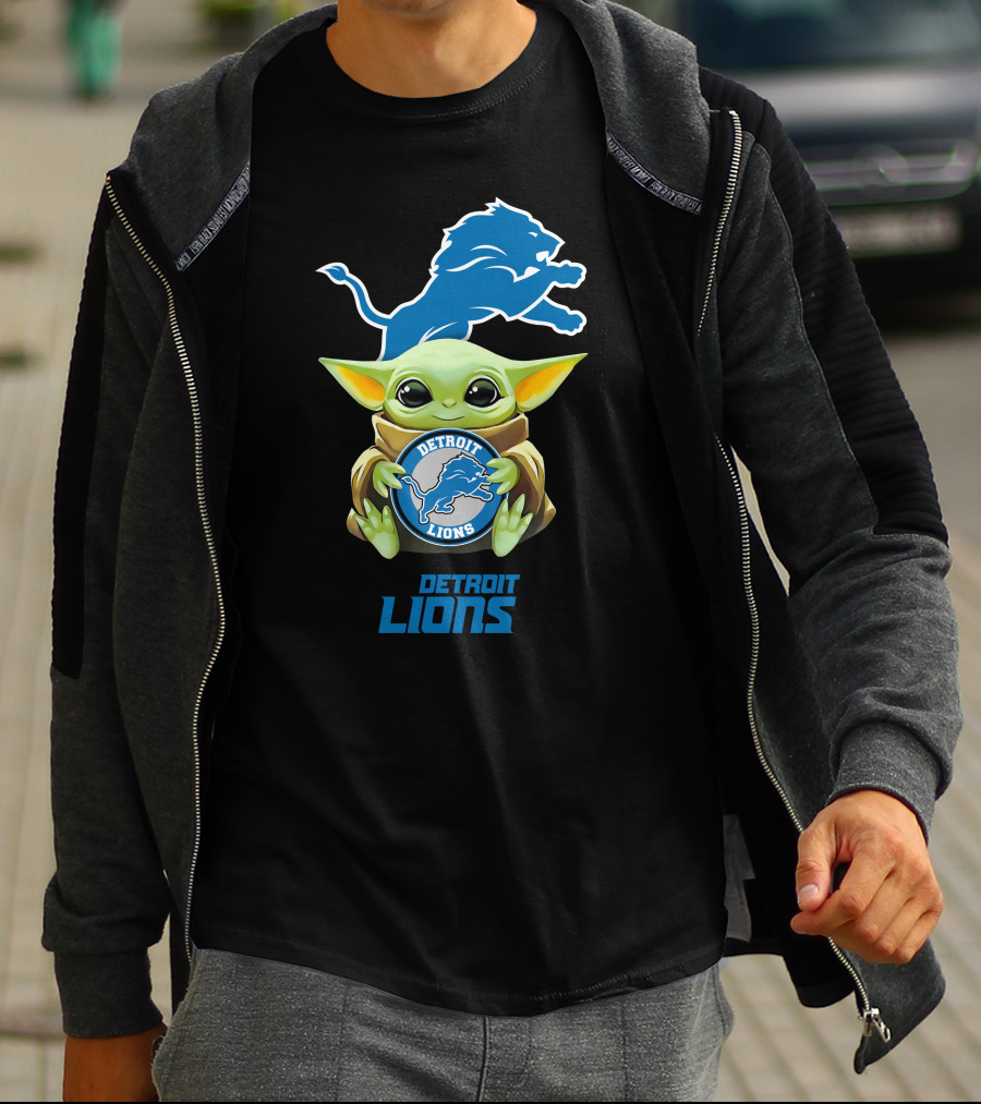 Baby Yoda Holding Detroit Lions Emblem With Team T-Shirt