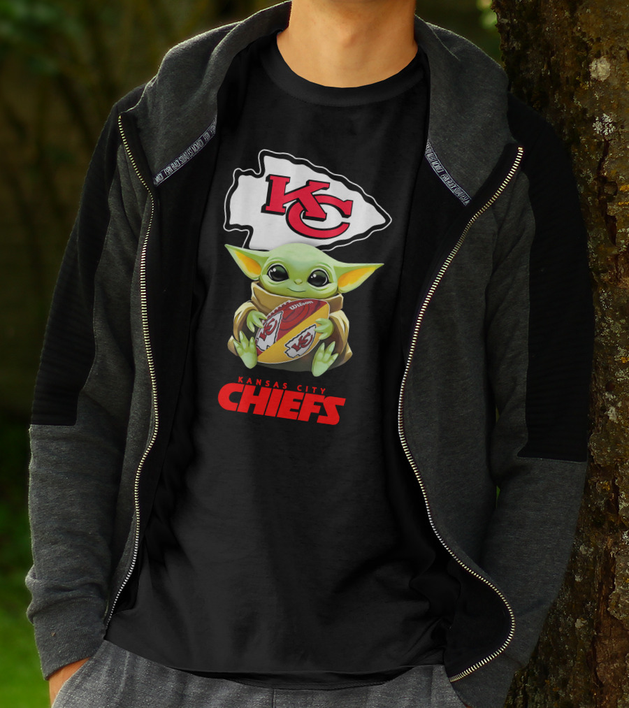 Baby Yoda Holding Kansas City Chiefs Football T-Shirt