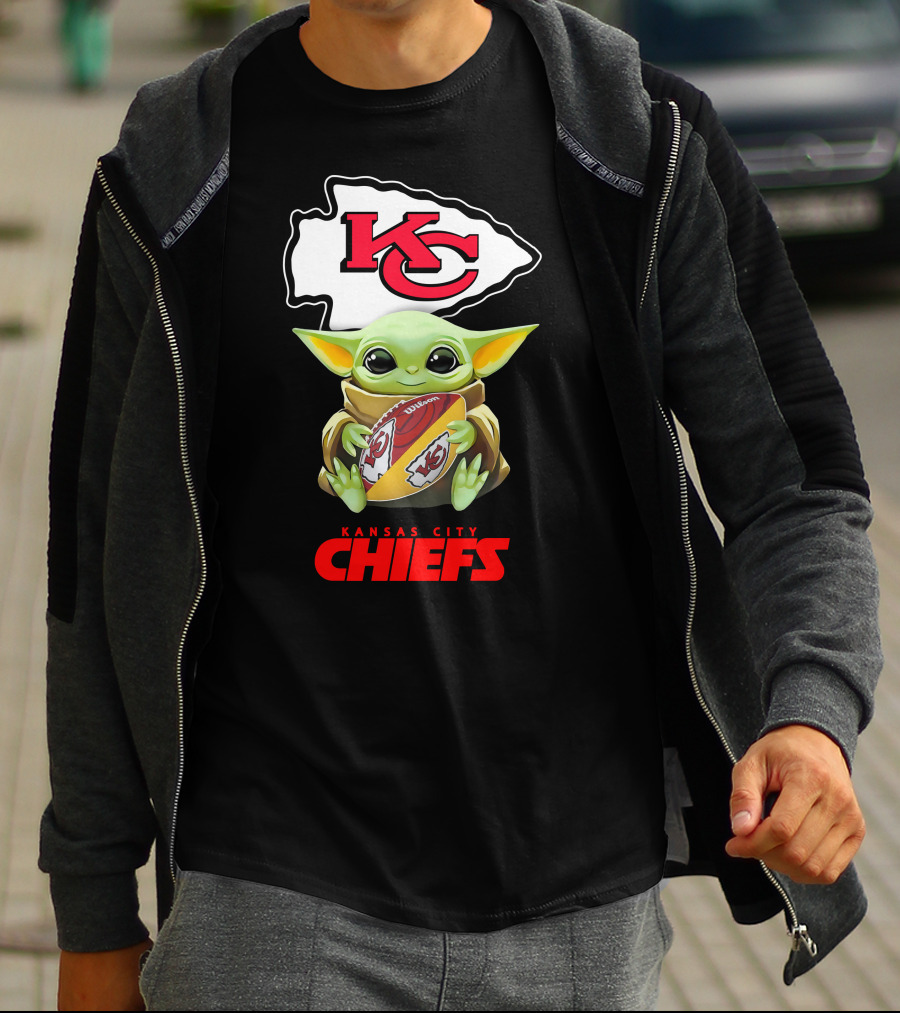 Baby Yoda Holding Kansas City Chiefs Football T-Shirt