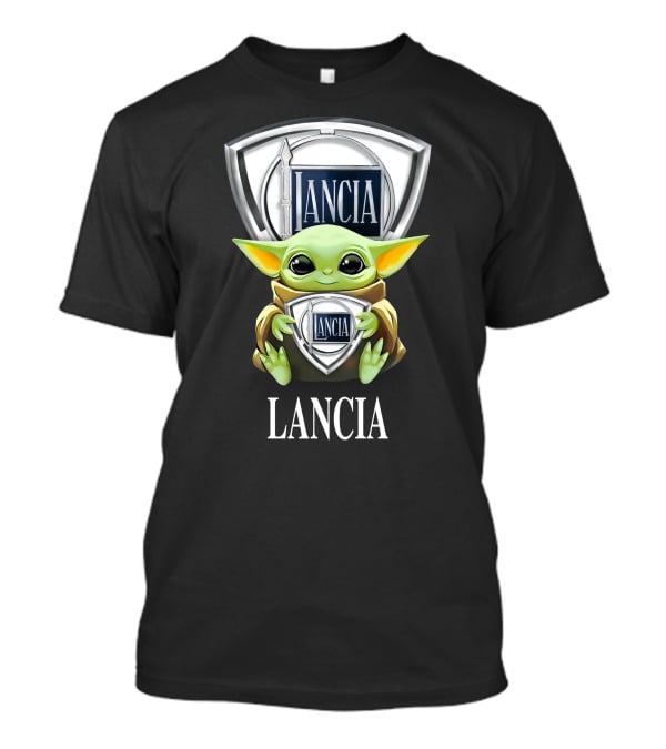 Baby Yoda Holding Lancia Logo With Lancia Text T-Shirt