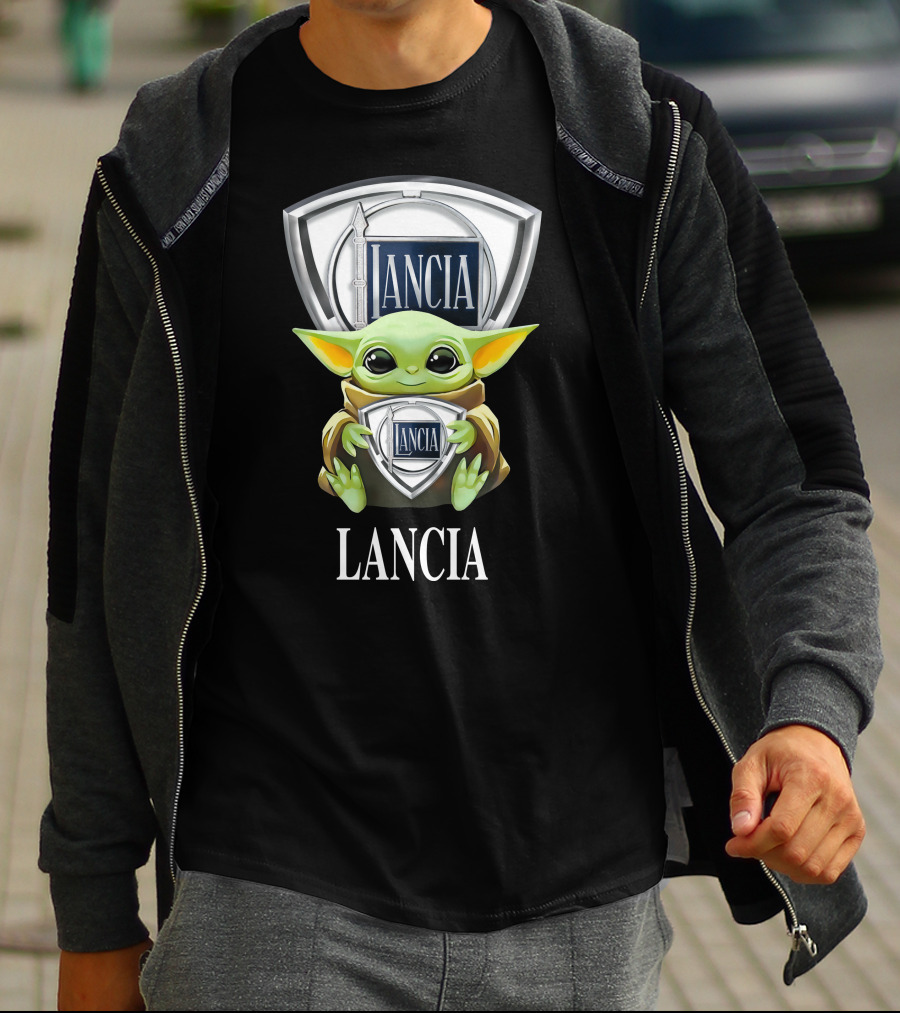 Baby Yoda Holding Lancia Logo With Lancia Text T-Shirt