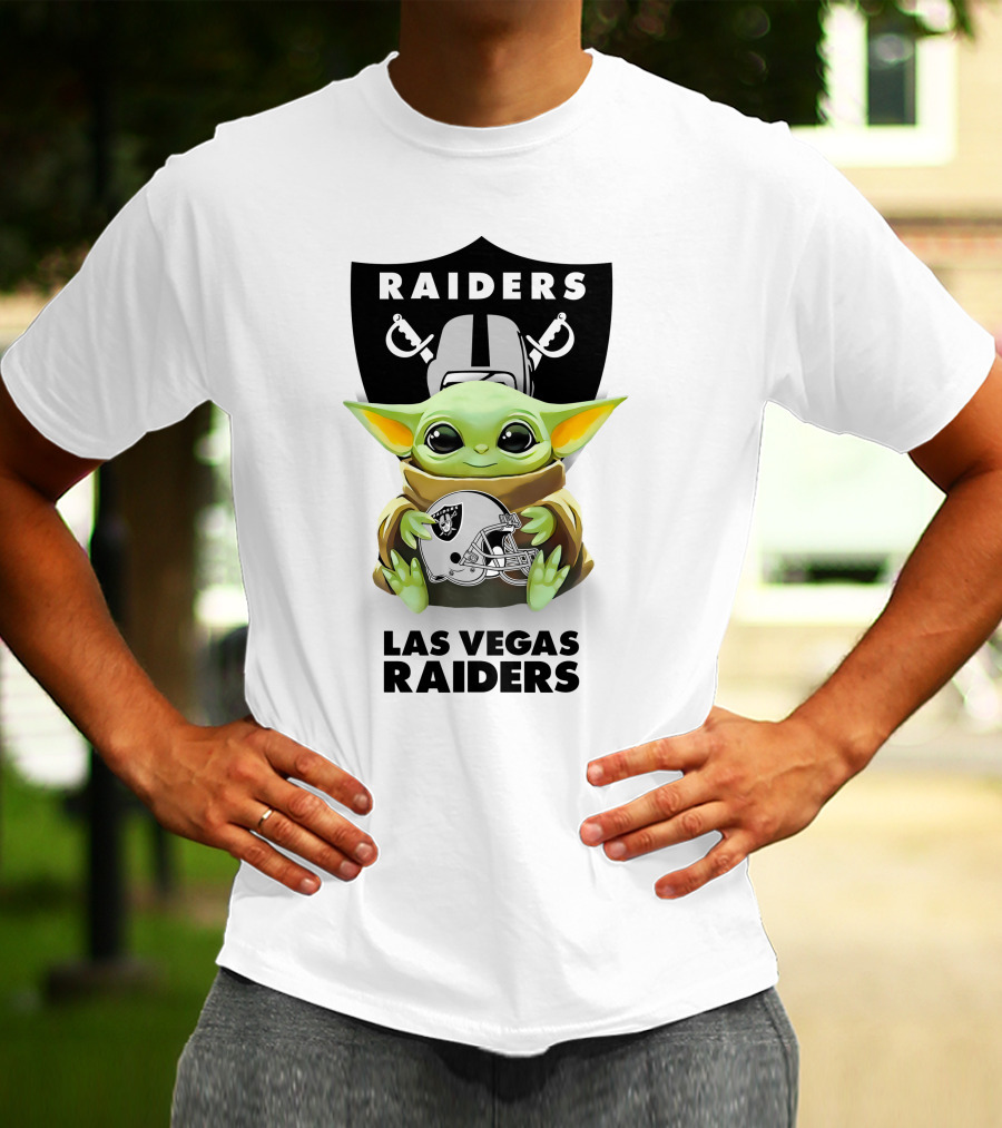 Baby Yoda Holding Las Vegas Raiders Helmet With Raiders Logo Background T-Shirt