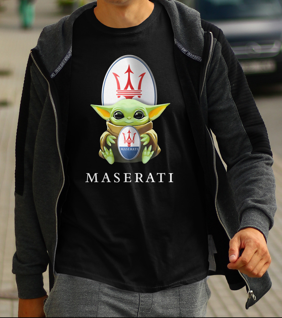Baby Yoda Holding Maserati Emblem Trident T-Shirt