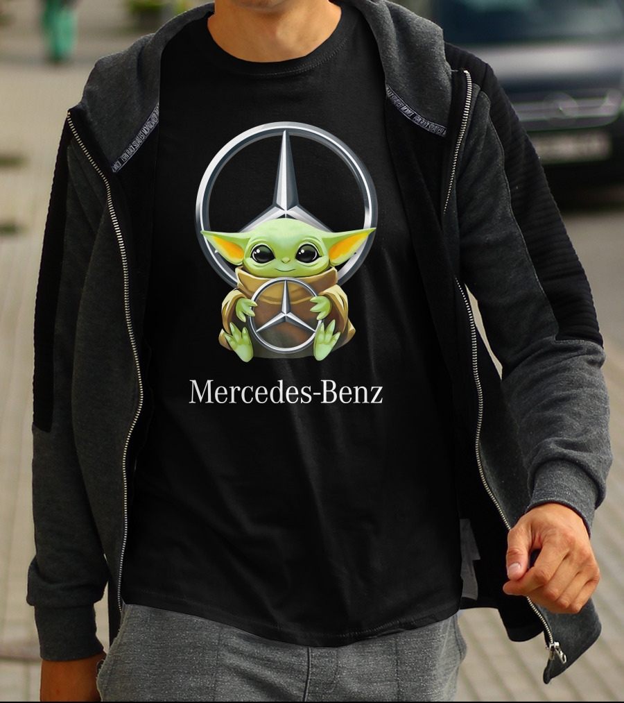 Baby Yoda Cuddles Mercedes-Benz Logo Black T-Shirt