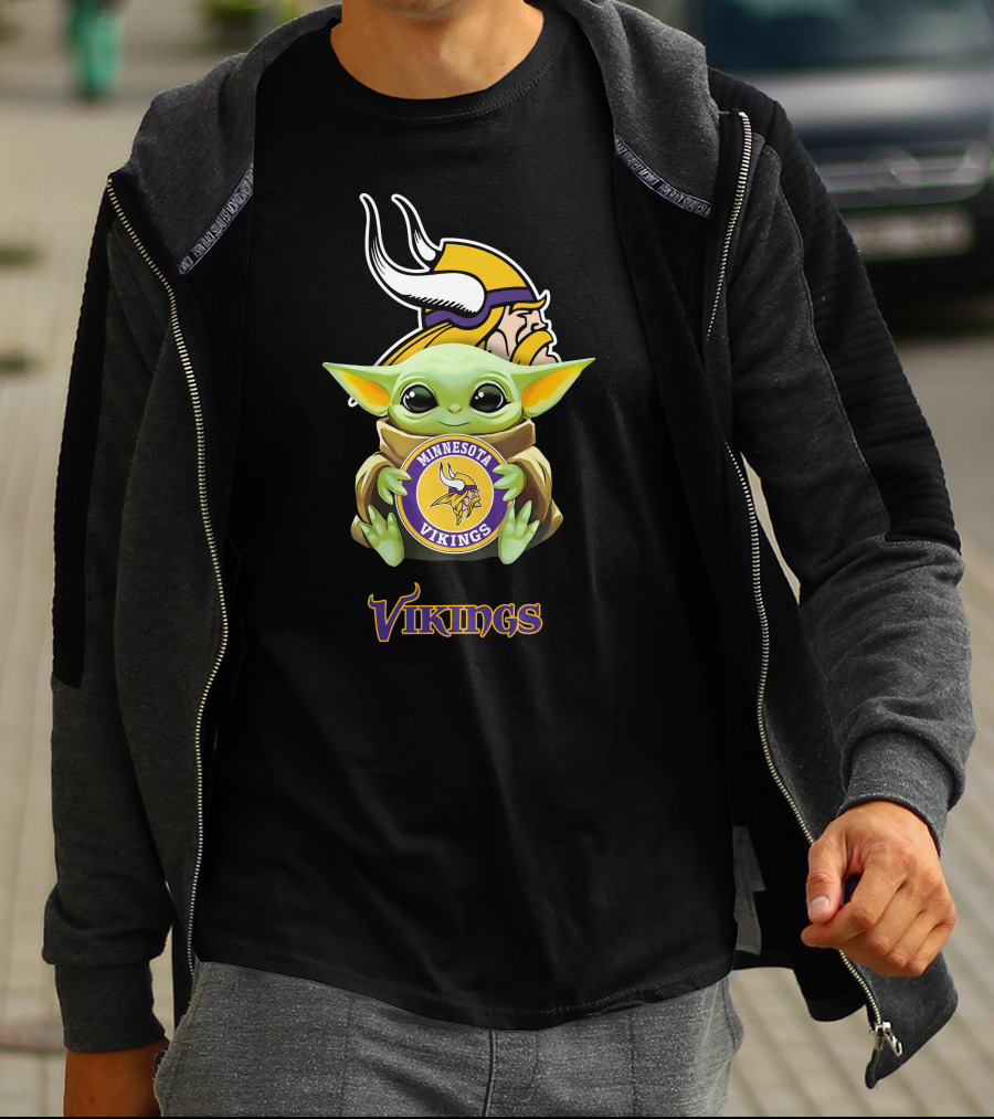Baby Yoda Holding Minnesota Vikings Emblem With Vikings Text T-Shirt