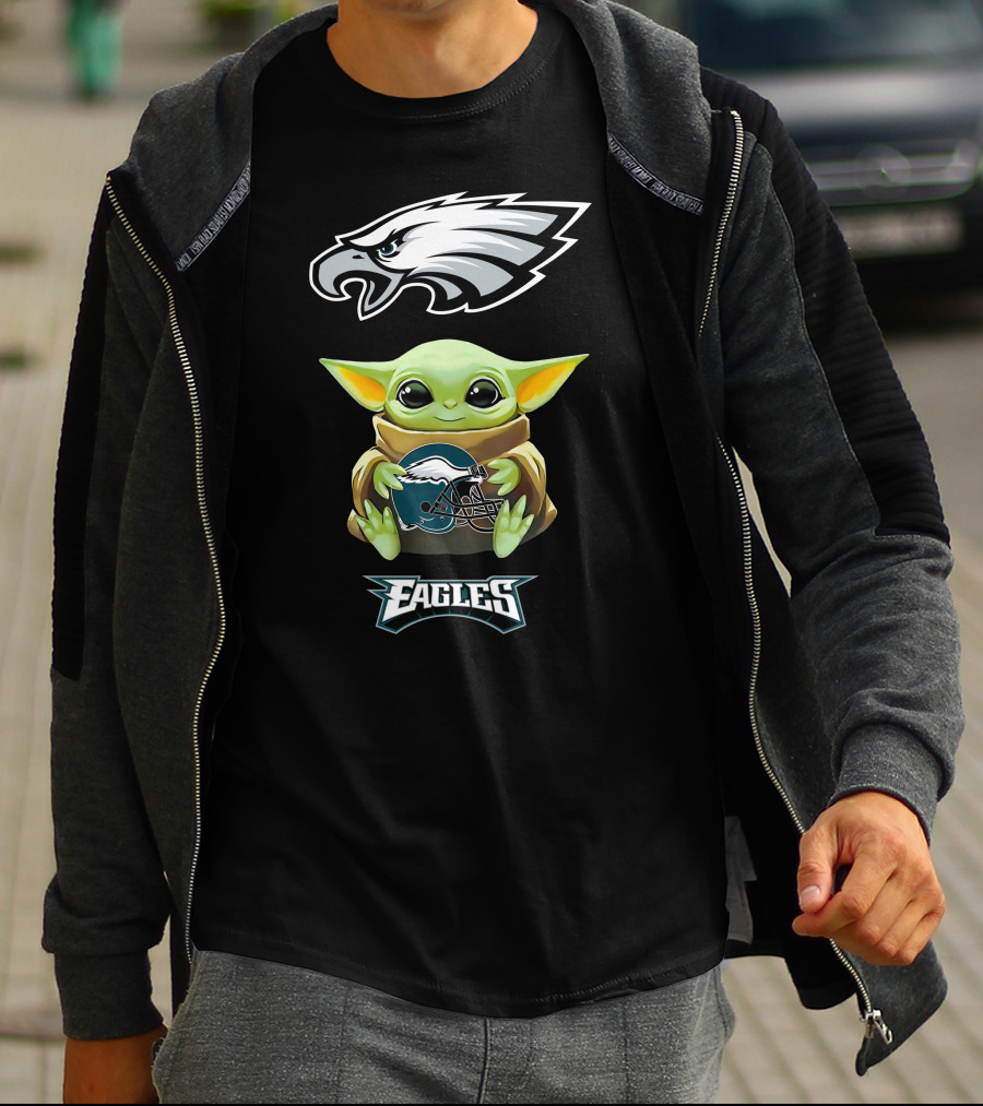 Baby Yoda Holding Philadelphia Eagles Helmet With Eagles T-Shirt