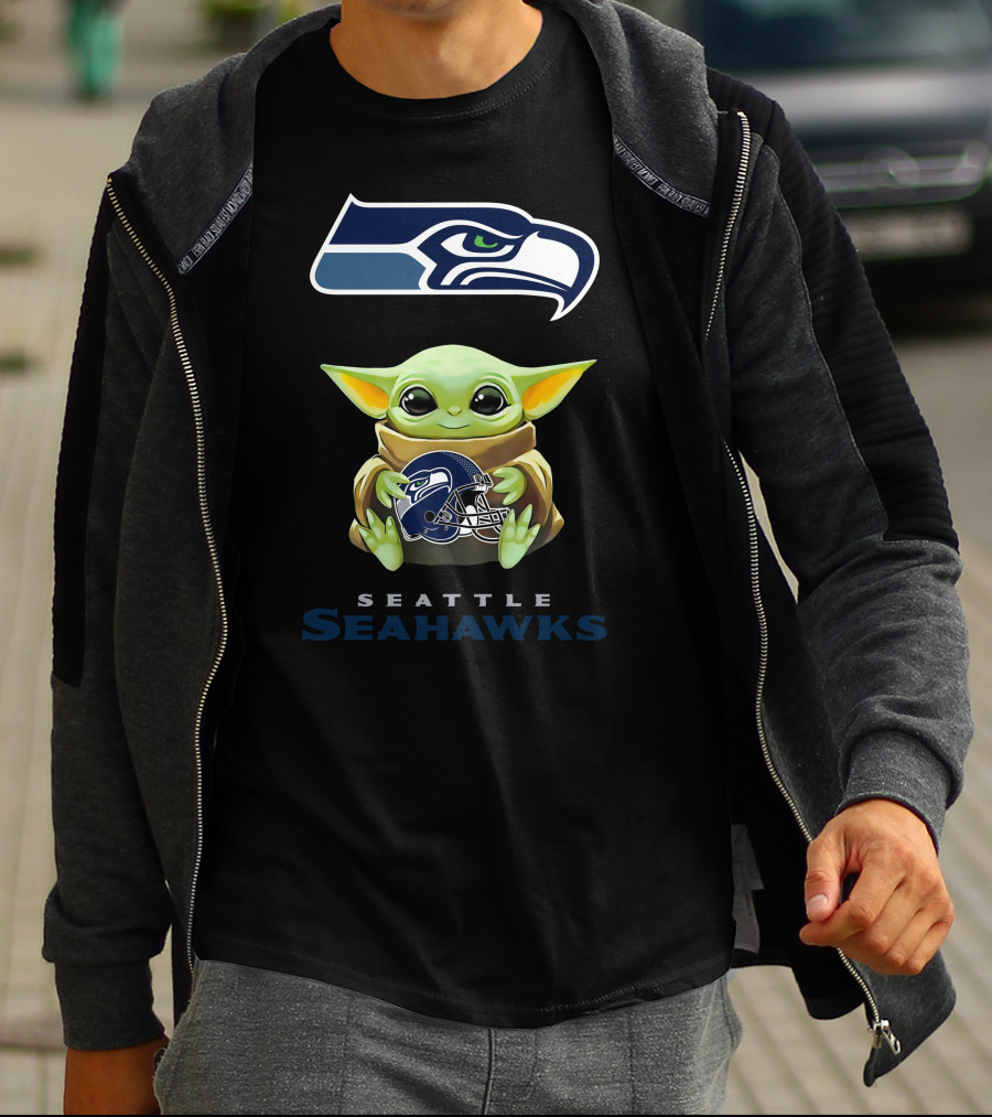 Baby Yoda Holding Seattle Seahawks Helmet T-Shirt