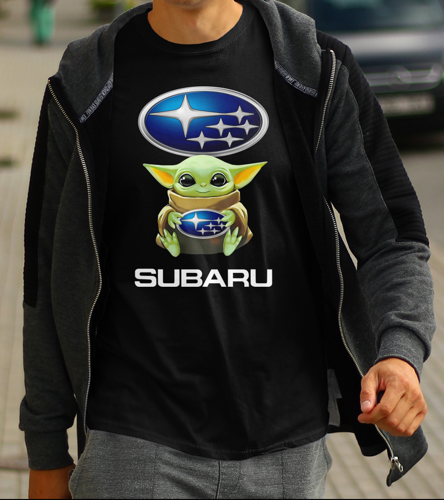 Baby Yoda Holding Subaru Emblem Design T-Shirt