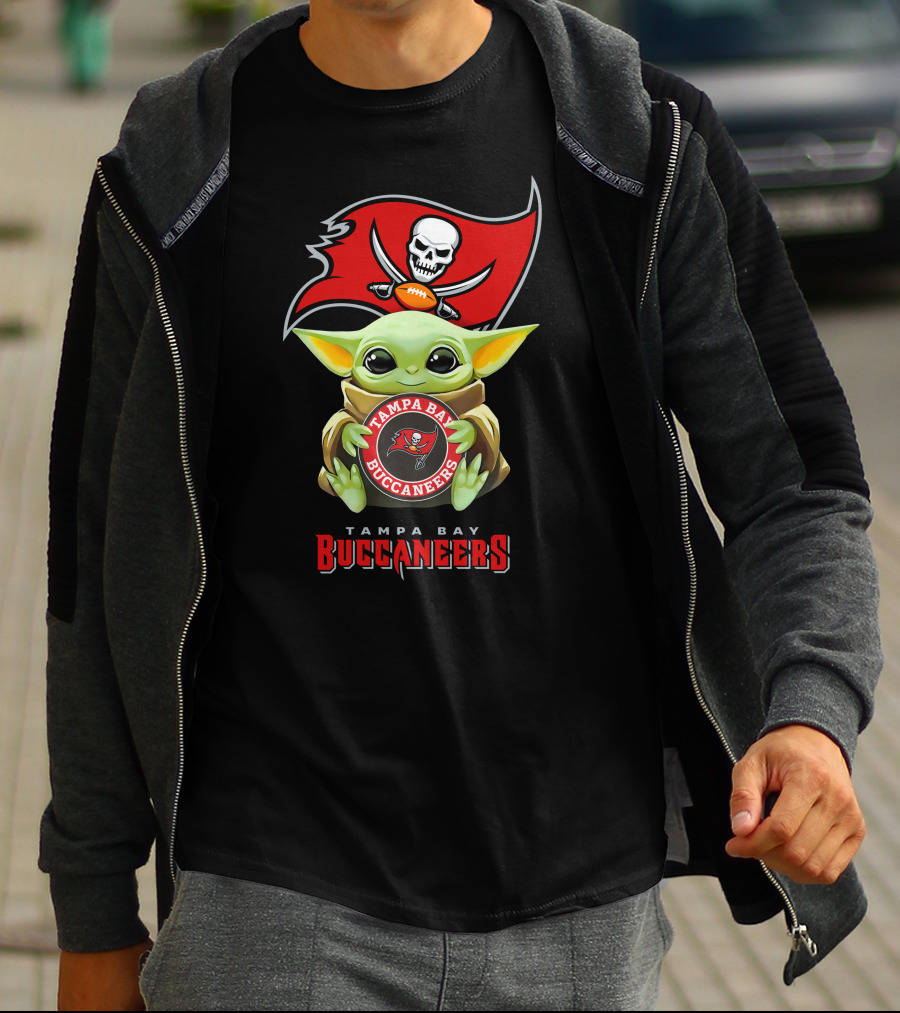 Baby Yoda Tampa Bay Buccaneers Hug With Logo And Helmet Flag T-Shirt