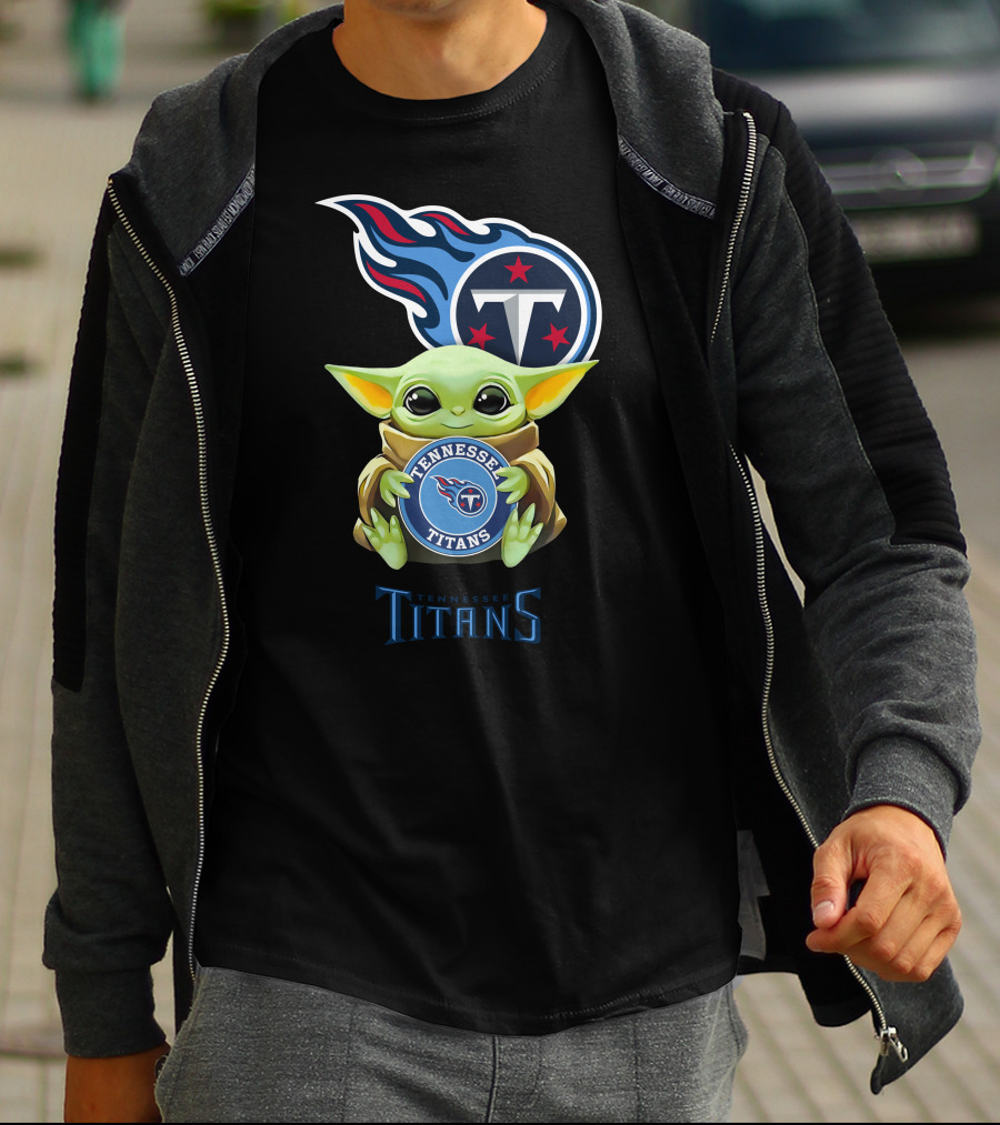 Baby Yoda Holding Tennessee Titans Emblem With Team Logo Background T-Shirt