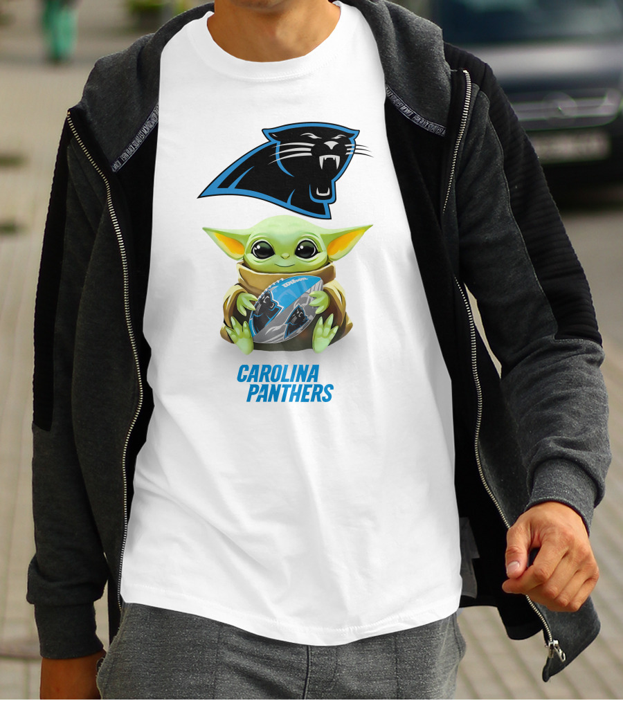Baby Yoda Holding Carolina Panthers Football T-Shirt